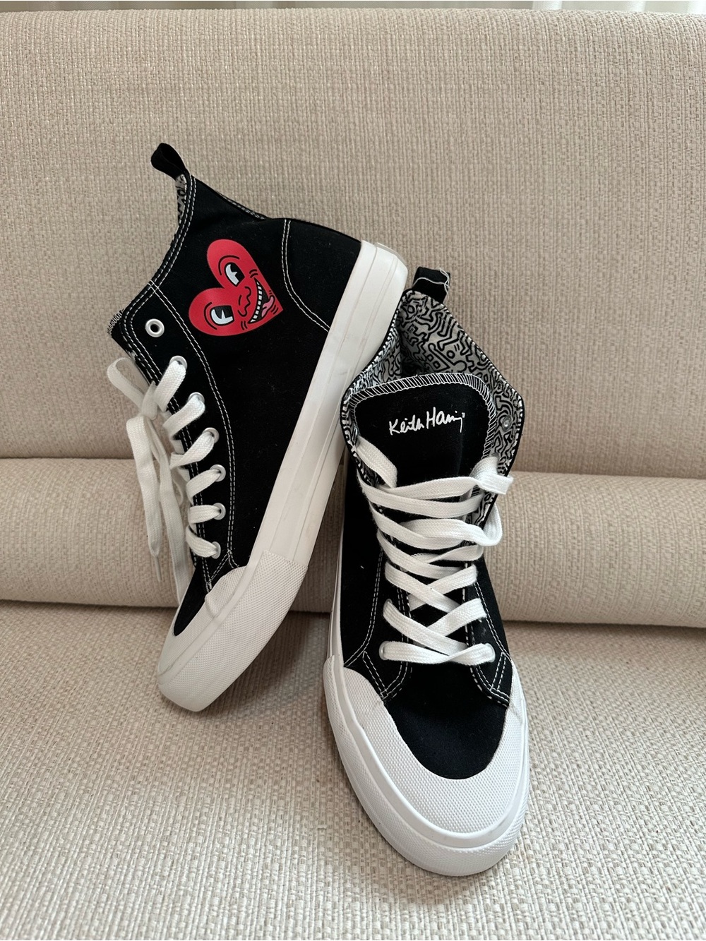 Keith Haring Black High-Top Sneakers with Red Heart Graphic